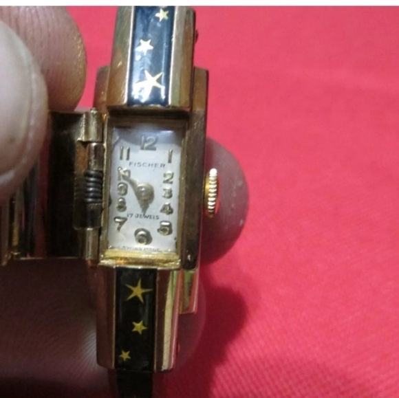 Vintage Fischer hinged Bangle Ladies' Watch set with black enamel. Circa 1955 - Picture 5 of 6